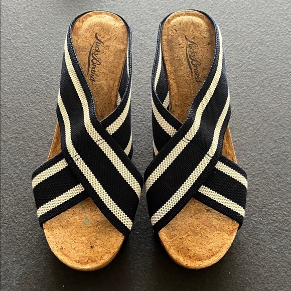 Seychelles Shoes - Lucky Brand Blue & White Crisscross Cork Wedge Slides NEW size 9 medium #A-10